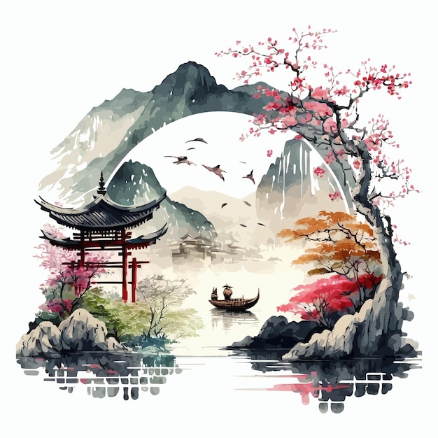 See- und Berglandschaft chinesischer Hintergrund Traditionelles Aquarell im orientalischen japanischen Stil Vektorillustration