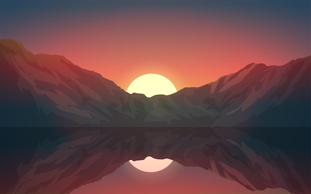 See- und Bergreflexion am Sonnenunterganghintergrund
