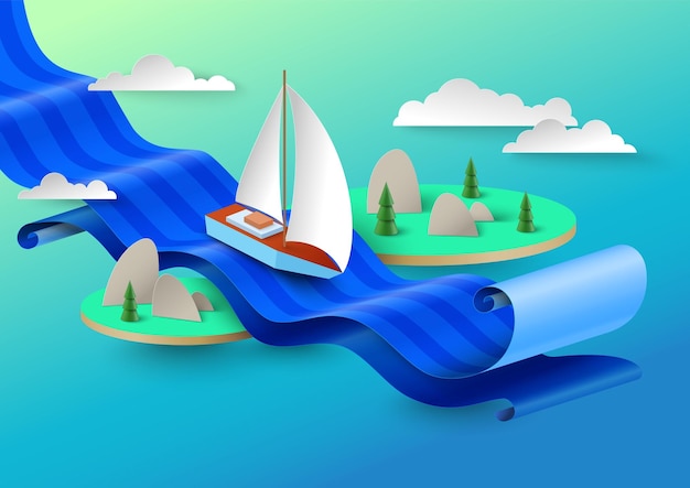 Seefahrt auf Segelboot Vektor-Illustration im Papercut-Stil