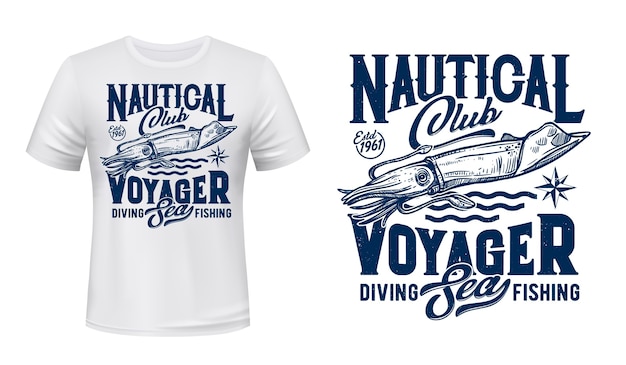 Seekalmar t-shirt druck. gravierte illustration und typografie des ozeanischen tintenfischs oder des tintenfischs.
