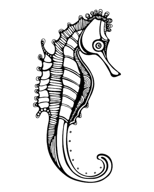 Seepferdchen handgezeichnetes Umrissgekritzel für Malbuch Premium Vector