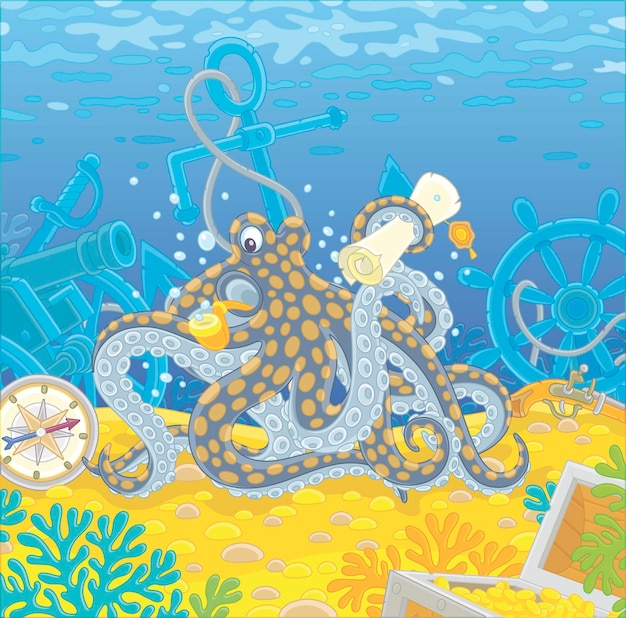 Seepirat octopus mit einer karte einer schatzinsel und einer großen holzkiste mit gold von einem alten schiff