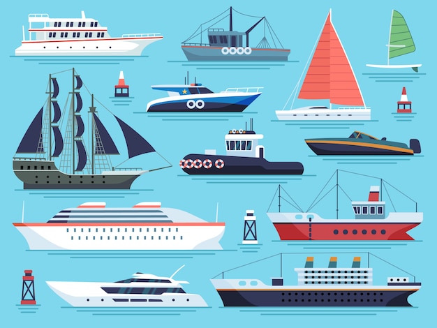 Seeschiffe flach. Wasserwagen, Schiffe Boote Yachtschiff Schlachtschiff Kriegsschiff großes Schiff. Seefrachtdockvektorsatz