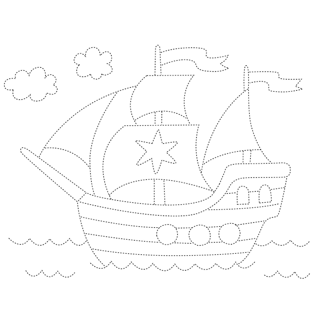 Vektor segelboot gepunktete linie zeichnen übung cartoon doodle kawaii anime malseite süße illustration