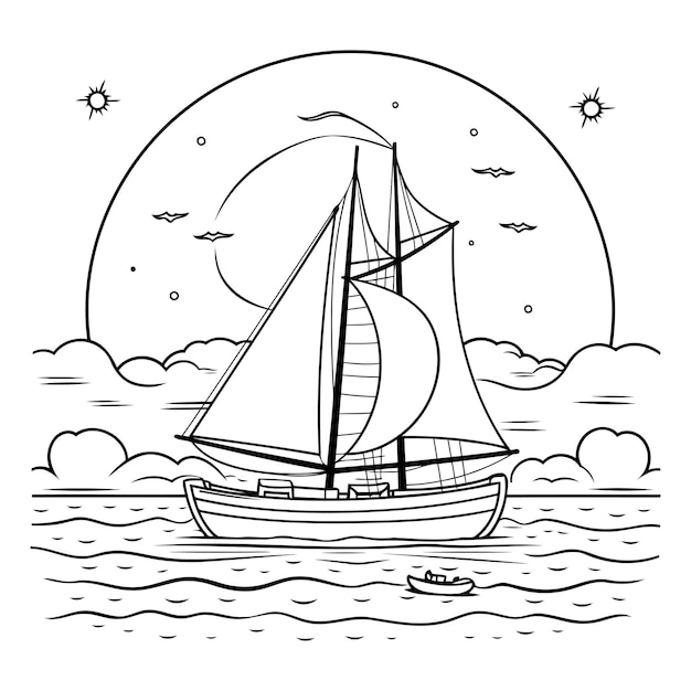 Segelboot im meer schwarz-weiß-vektorillustration