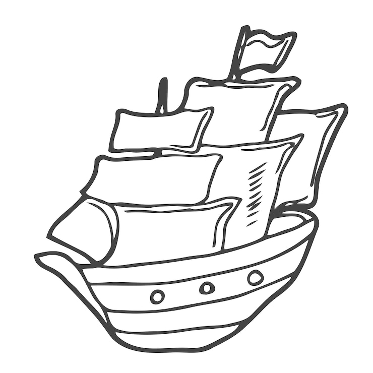 Vektor segelboot segelyacht schiff boot im meer handgezeichnete linienkunstskizze schwarz-weiß-droodle