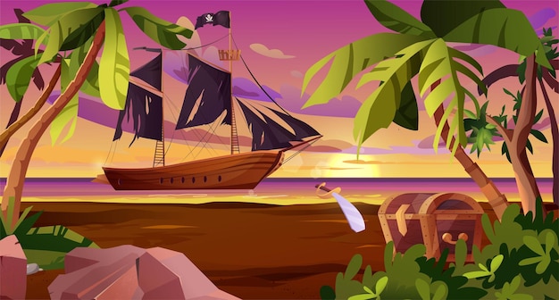 Segeln piratenschiff mit schwarzen fahnen im meer und brust am ufer holzsegelboot auf dem wasser