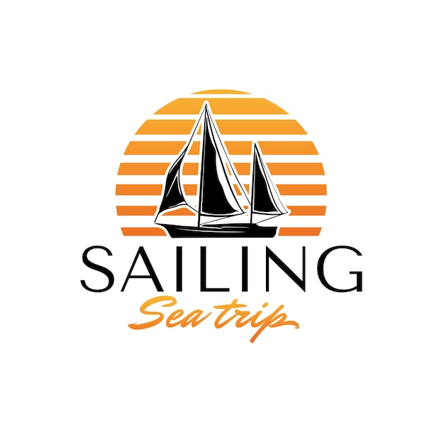 Segeln reiseboot logo traditionelles schiff mit sonnenuntergang hintergrund logo-design-vorlage