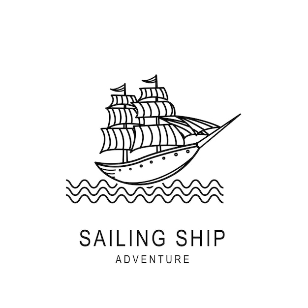 Segelschiff-abenteuer-logo-template-design im umriss-stil vektor-illustration