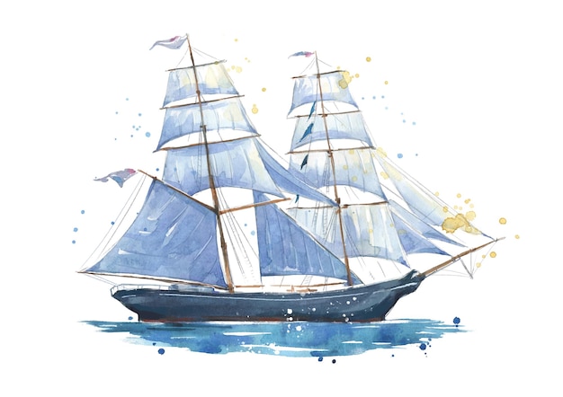 Segelschiff, handgemalte Aquarellillustration