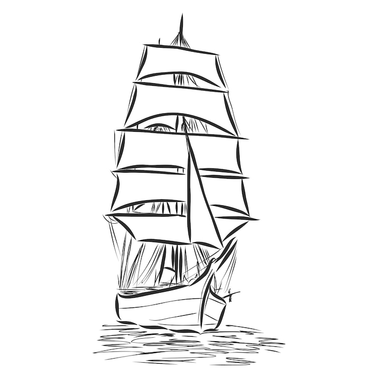 Vektor segelschiff oder boot im ozean im tintenlinienstil. handskizzierte yacht. design mit meeresthema.