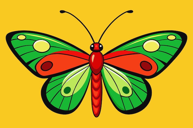 Sehr schöner rot-grün-orangefarbener schmetterling auf gelbem hintergrund-vektor-illustration