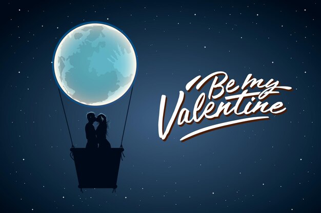 Sei mein valentinstag, positiver liebhaberslogan mit vollmond und liebhabern in heißer luft.