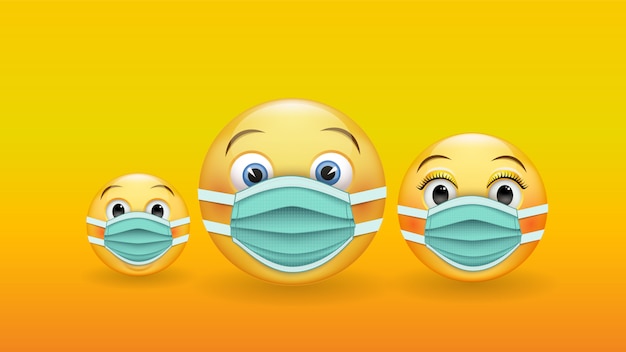 Seien sie verantwortlich und geschützt - verschiedene gelbe 3d-emoticons in medizinischen masken.