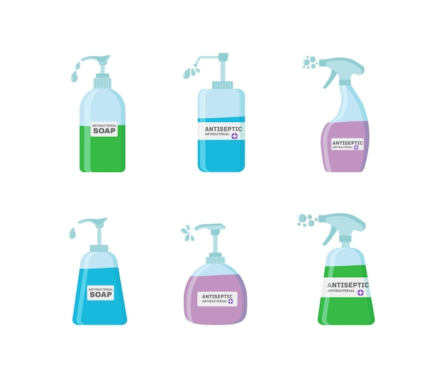 Seife, antiseptische gelprodukte, die bakterien abtöten. hygiene icons set. antibakterielles konzept. flüssiges alkohol-antiseptikum in der pumpflasche.