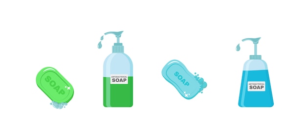 Vektor seife, antiseptisches gel und andere hygieneprodukte. antiseptisches spray im kolben tötet bakterien ab. hygiene icons set. antibakterielles konzept. alkoholflüssigkeit, pumpsprühflasche.