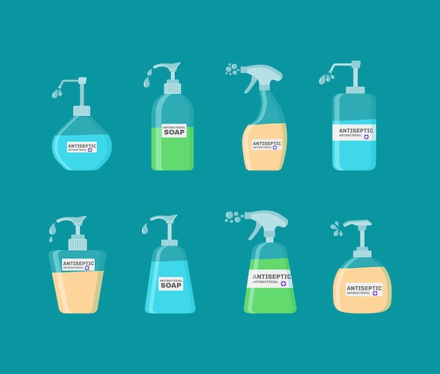 Seife, antiseptisches Gel und andere Hygieneprodukte. Antiseptisches Spray im Kolben tötet Bakterien ab. Hygiene Icons Set. Antibakterielles Konzept. Alkoholflüssigkeit, Pumpsprühflasche.