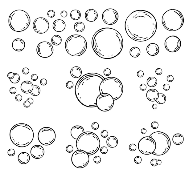 Vektor seifenblasen isolierte blasen skizzieren linie icons set seifenschaum kohlensäurehaltiges getränk sauerstoffblase piktogramm
