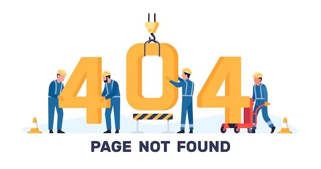 Vektor seite nicht gefunden fehler 404 reparaturarbeiter mit industriekran und karren banner zum trennen der website defekter dienst fehler bei der internetsuche netzwerkfehlermeldung vektorkonzept