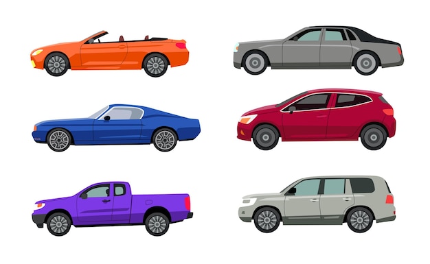 Vektor seitenansicht der flachen illustrationen verschiedener automodelle. autos in verschiedenen farben, suv, schrägheck, limousine, pickup, cabrio isoliert auf weiß
