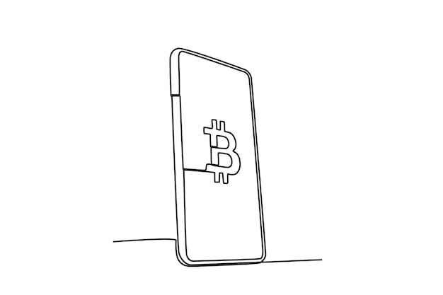 Seitenansicht eines mobiltelefons mit einem bild von bitcoin bitcoin-oneline-zeichnung