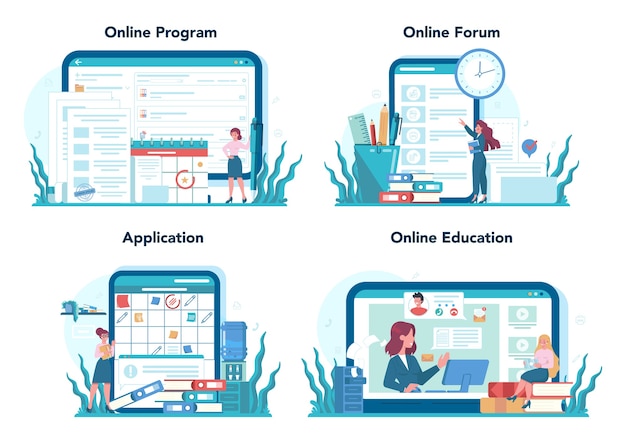 Sekretär Online-Service oder Plattform-Set. Empfangsdame, die Anrufe entgegennimmt und beim Dokument hilft. Online-Programm, Forum, Bewerbung, Ausbildung.