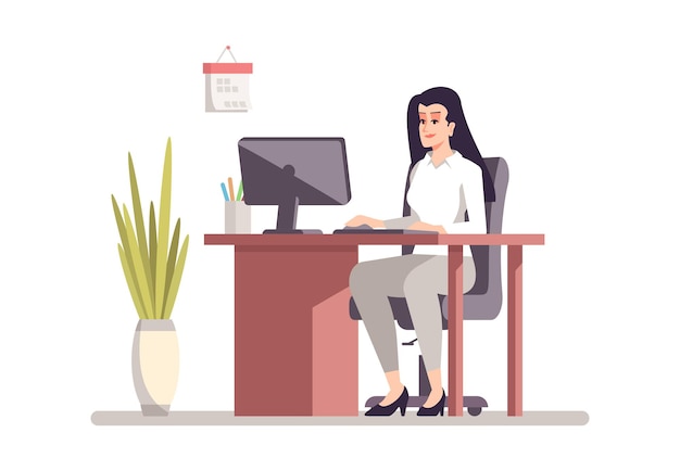 Sekretärin flache Farbvektorillustration. Persönlicher Assistent, der am Bürokonzept arbeitet. Programmierer, Designer mit Computer. Junge weibliche Angestellte, Büroangestellter isolierte Zeichentrickfigur