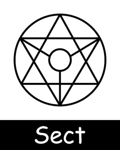 Vektor sekten-satz-ikon pentagram siegel von baphomet opfert satan 666 mystik paranormaler glaube umgekehrtes kreuz anbetung überredung schwarze linien auf weißem hintergrund kultkonzept