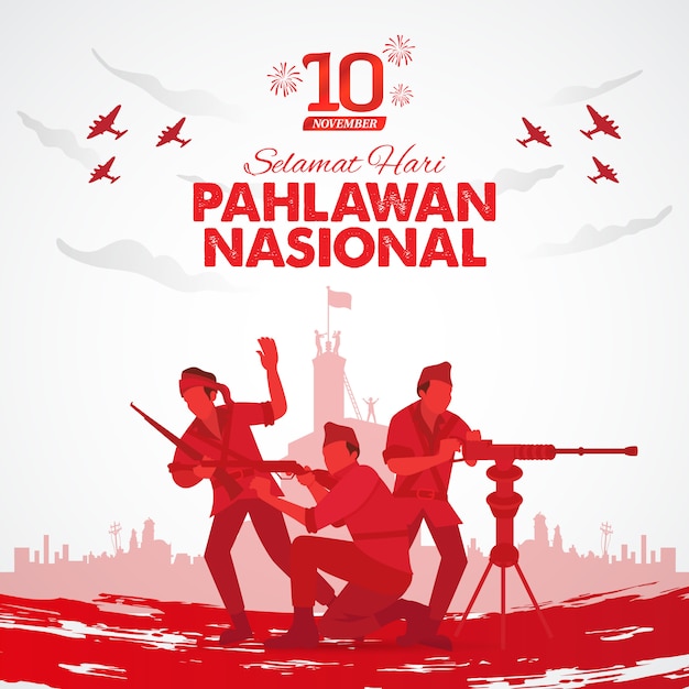 Selamat hari pahlawan nasional. Übersetzung: Glücklicher indonesischer Nationalhelden-Tag. Illustration für Grußkarte