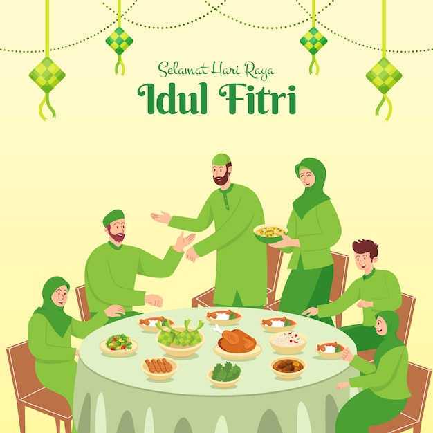 Selamat hari raya idul fitri ist eine weitere sprache des fröhlichen eid mubarak auf indonesisch. muslimische familie beim gemeinsamen abendessen