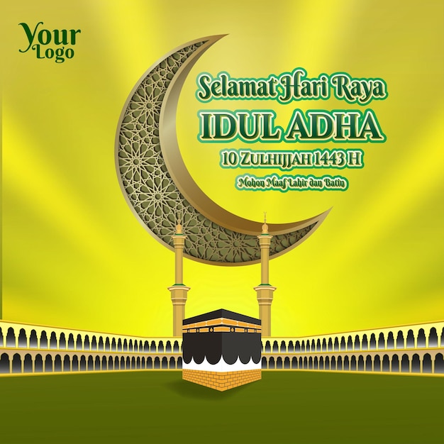 Selamat idul adha bedeutet fröhliches eid mubarak auf indonesisch mit kaaba masjidil haram und halbmond