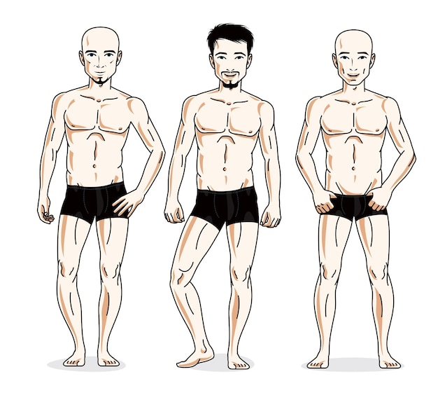 Selbstbewusste gutaussehende männer, die in schwarzer unterwäsche posieren. vektor-menschen-illustrationen festgelegt.