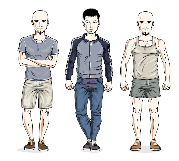 Vektor selbstbewusste, gutaussehende männergruppe, die stilvolle sportkleidung trägt. vektor-leute-illustrationen-set. männliche charaktere zum thema lifestyle.