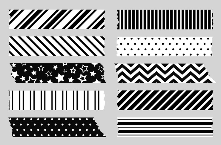 Vektor selbstklebendes washi-tape mit schwarz-weißen mustern