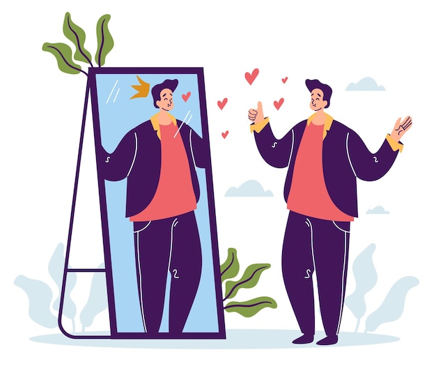 Selbstliebesvertrauensleute, die Spiegelselbstmotivation und -entwicklungskonzept betrachten