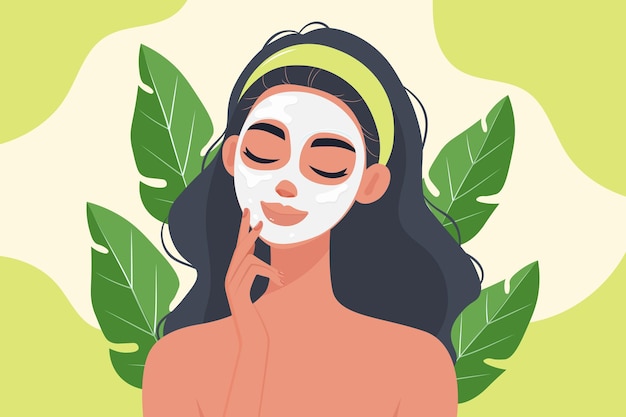 Self Care Glow Girl mit einer Gesichtsmaske genießt ein entspannendes Schönheitsritual flache Vektorillustration