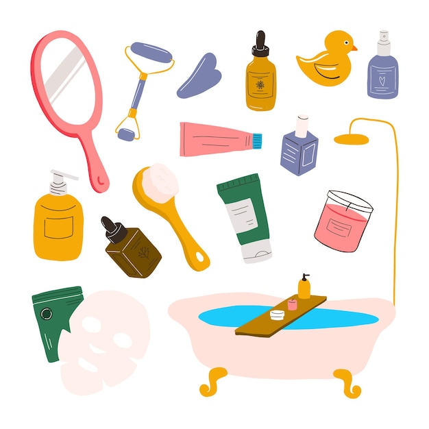 Vektor self care produkt woman bath time illustration ich zeit satz von elementen. schönheitsprodukte.