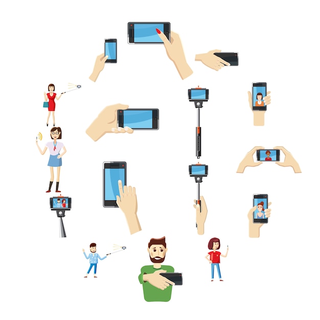 Selfie icons set, cartoon-stil