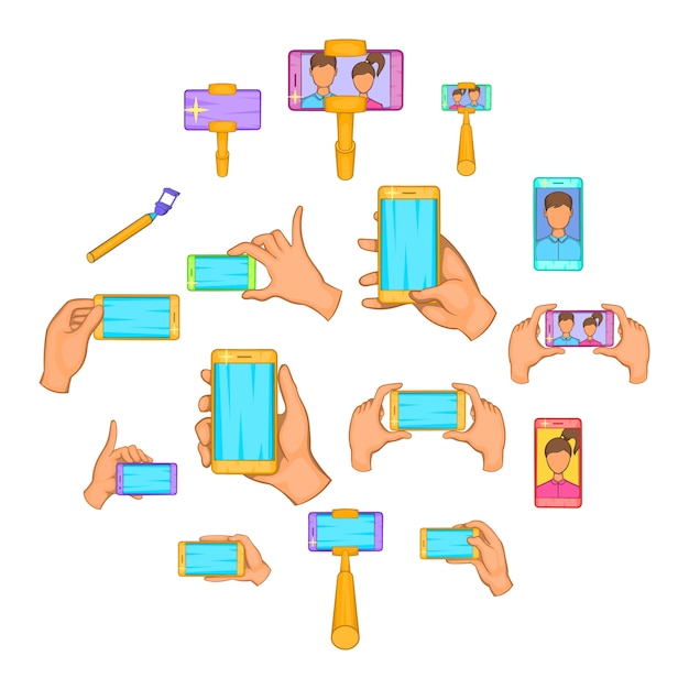 Selfie icons set, cartoon-stil