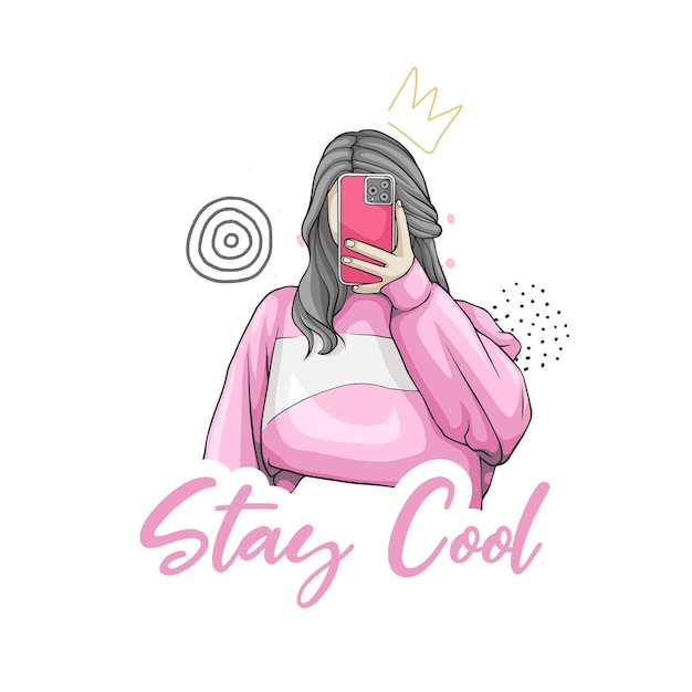 Selfie-mädchen-illustrationsdesign mit slogan „stay cool“.