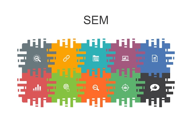 Sem-cartoon-vorlage mit flachen elementen. enthält symbole wie suchmaschine, digitales marketing, inhalt, internet