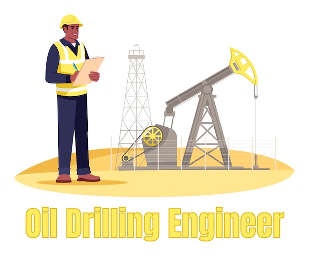 Semi-RGB-Farbabbildung des Ölbohringenieurs. Ölbohrinselbetreiber. Erdölförderung. Männliche Arbeiterkarikaturfigur der Gasindustrie auf weißem Hintergrund mit Typografie