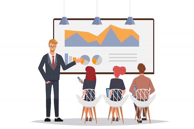 Seminar mit Geschäftsmann und Kollegen mit Whiteboard.