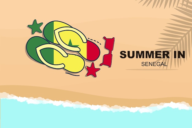 Senegal Sommerurlaub Vektor Banner Strandurlaub Flip Flops Sonnenbrille Seesterne auf Sand