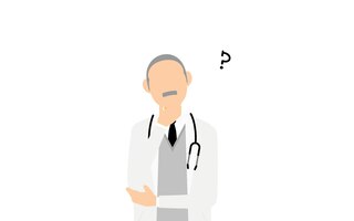 Vektor senior male doctor in white coat pose with crossed arms and questioning