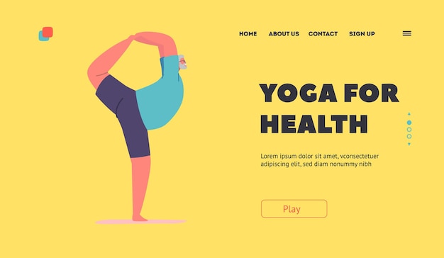 Senior man stretching body landing page template älterer männlicher charakter tänzer yoga asana großvater fitness-praxis