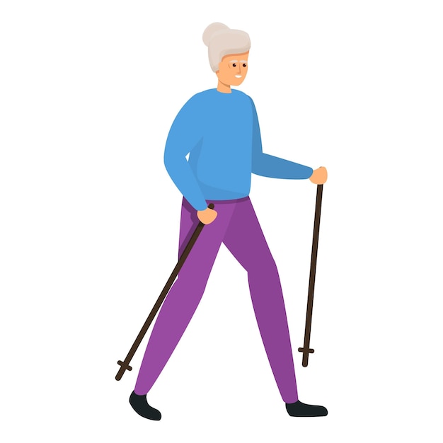 Seniorin-Nordic-Walking-Ikone. Cartoon einer älteren Frau, Nordic-Walking-Vektorsymbol für Webdesign, isoliert auf weißem Hintergrund