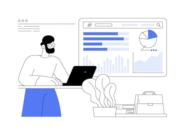 SEO-Analysesoftware, abstraktes Konzept, Vektorillustration. Geschäftsmann analysiert das Ranking von Websites mithilfe professioneller SEO-Software, IT-Technologie, organischer Suchmarketing-App, abstrakter Metapher