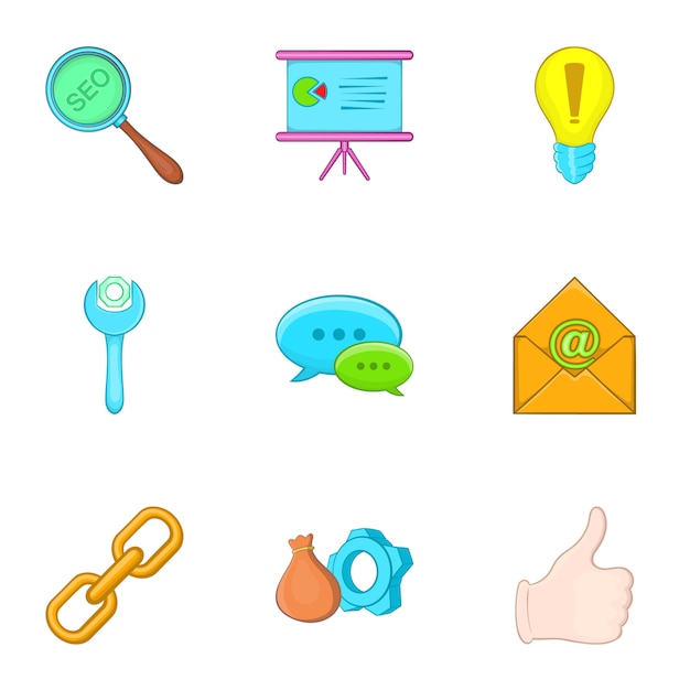 Seo icons set, cartoon-stil