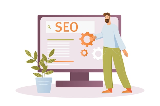 SEO-Konzept mit Menschenszene im flachen Cartoon-Design Der Spezialist arbeitet an der Analyse